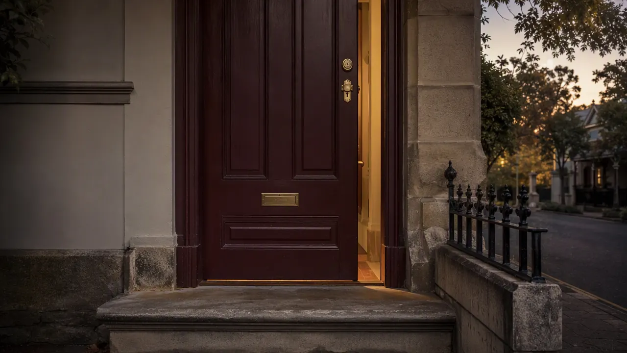 A brick doorway in western Sydney at dusk, with a brass deadbolt set into a dark timber door