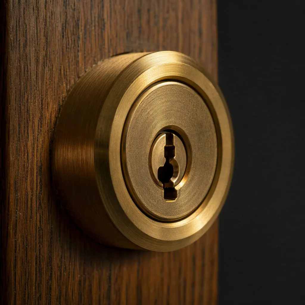 Macro photograph of a brass lock cylinder showing its machined keyway and pins